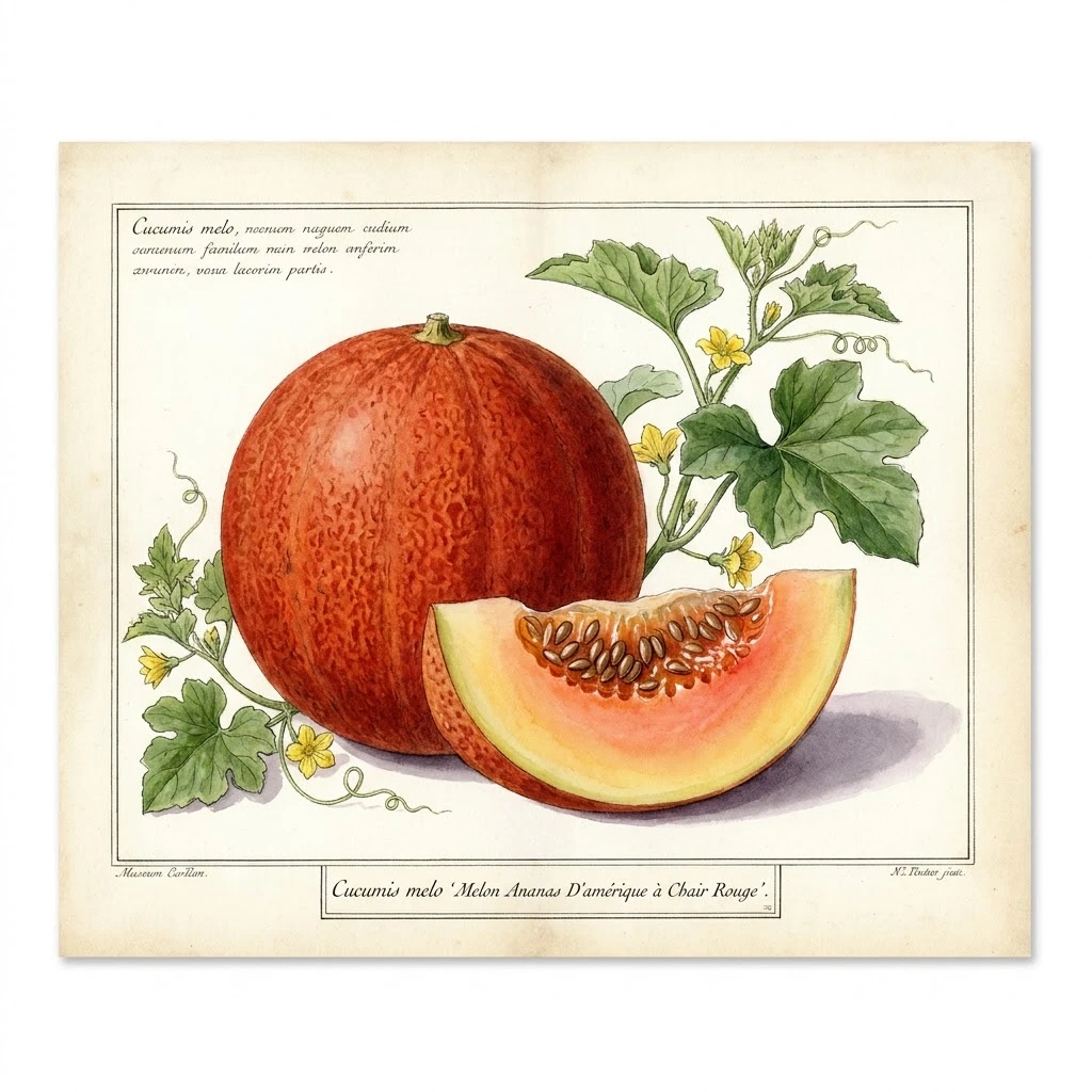 Aquarelle botanique Melon Ananas D'amérique à Chair Rouge